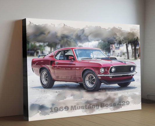 1969 Ford Mustang Boss 429 Car Canvas Print | Vintage Auto Wall Art Decor | Retro Muscle Pony Car | Car Lovers Poster Gift