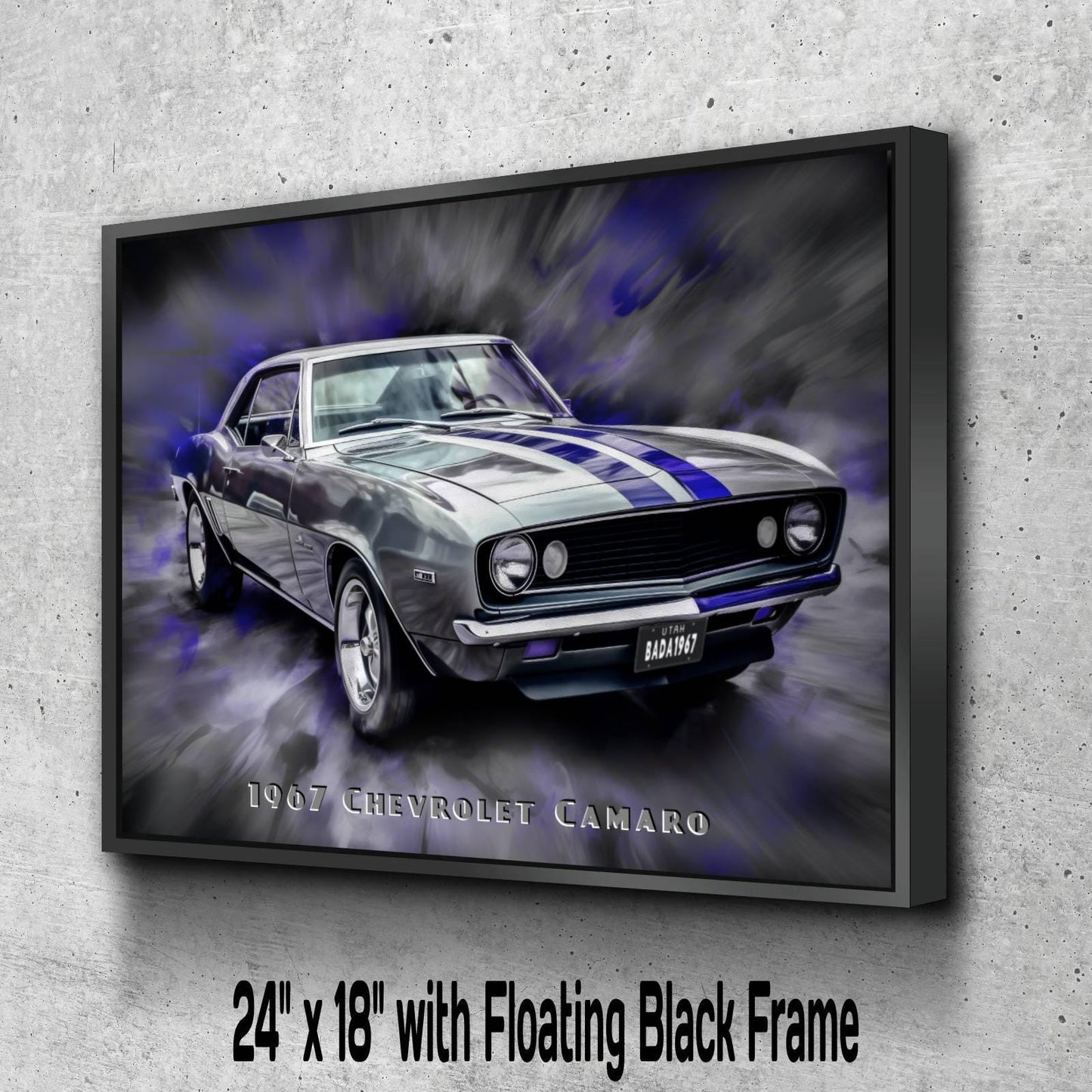 1967 Chevrolet Camaro Silver and Blue Canvas Print | Vintage Auto Wall Art Decor | Retro Muscle Car | Car Lovers Poster Gift