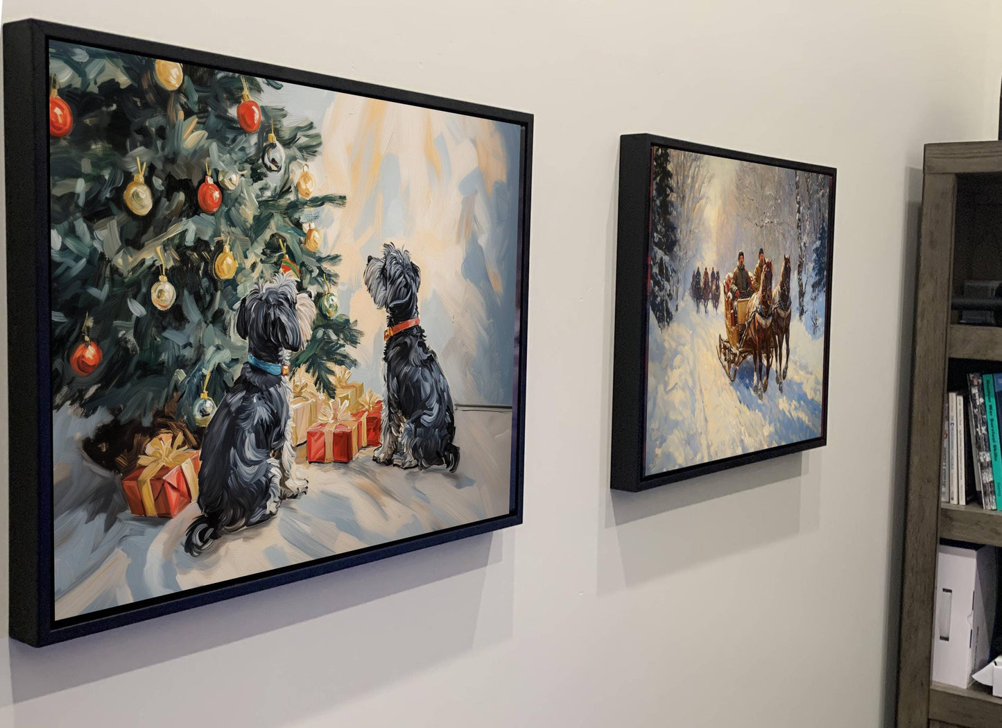 Christmas Dogs Art Print | Schnauzer Holiday Wall Decor | Puppies Under Tree Ornaments | Xmas Pets Gift Painting | Festive Animal Scene