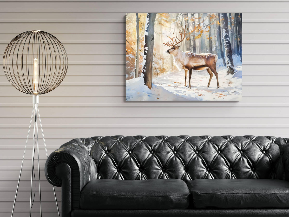 Winter Reindeer Forest Print | Snowy Woodland Stag Wall Art | Christmas Deer Nature Painting | Holiday Wildlife Scene | Rustic Animal Decor
