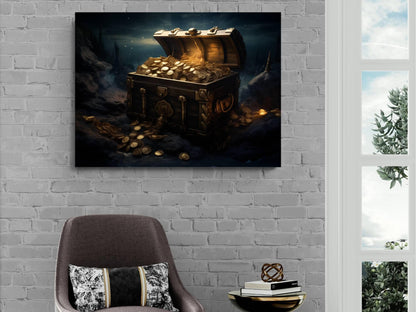 Pirate Treasure Chest Canvas Art, Gold Coins Print, Dark Nautical Wall Decor, Maritime Wealth Painting, Adventure Home Art
