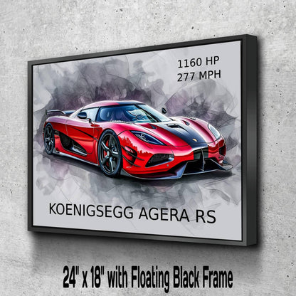 2017 Koenigsegg Agera RS Red Canvas Print| Hyper Super Car Auto Wall Art Decor | New Car Lovers Poster Gift | Framed Mancave Artwork