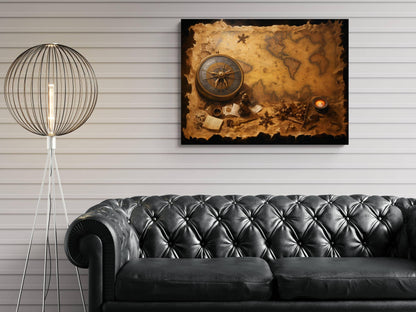 Pirate Treasure Map Canvas Art, Vintage Compass Print, Nautical Navigation Wall Decor, Old World Map Painting, Maritime Adventure Art