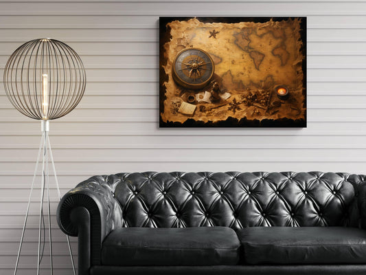 Pirate Treasure Map Canvas Art, Vintage Compass Print, Nautical Navigation Wall Decor, Old World Map Painting, Maritime Adventure Art