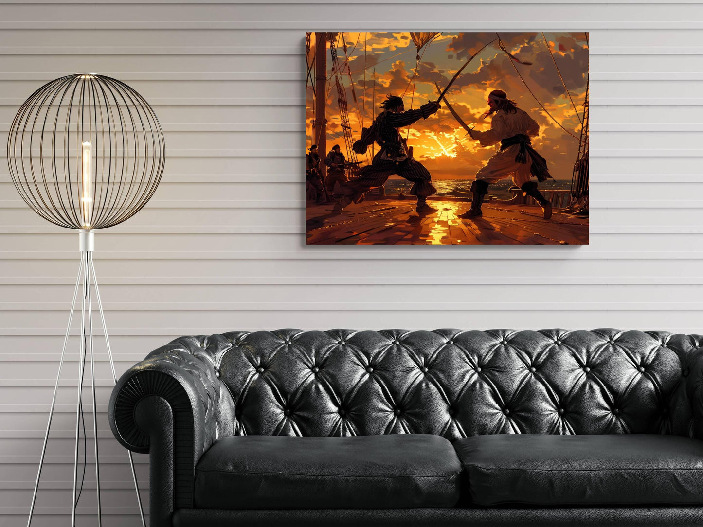 Pirate Sword Duel Canvas, Sunset Deck Battle Print, Swashbuckling Action Wall Decor, Golden Hour Maritime Combat Painting