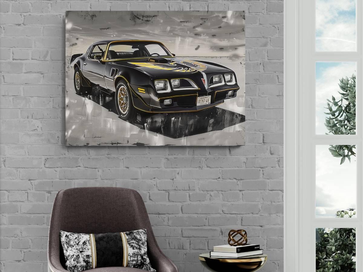 1976 Pontiac Trans Am Firebird Black Gold Canvas Print | Vintage Auto Wall Art Decor | Retro Sports Car | Car Lovers Poster Gift