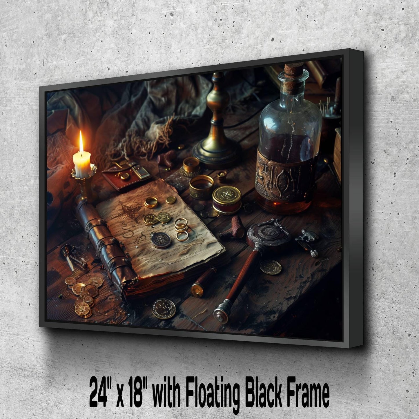 Pirate Personal Effects Canvas, Treasure Map Journal Print, Gold Coins Still Life Decor, Candlelit Maritime Belongings