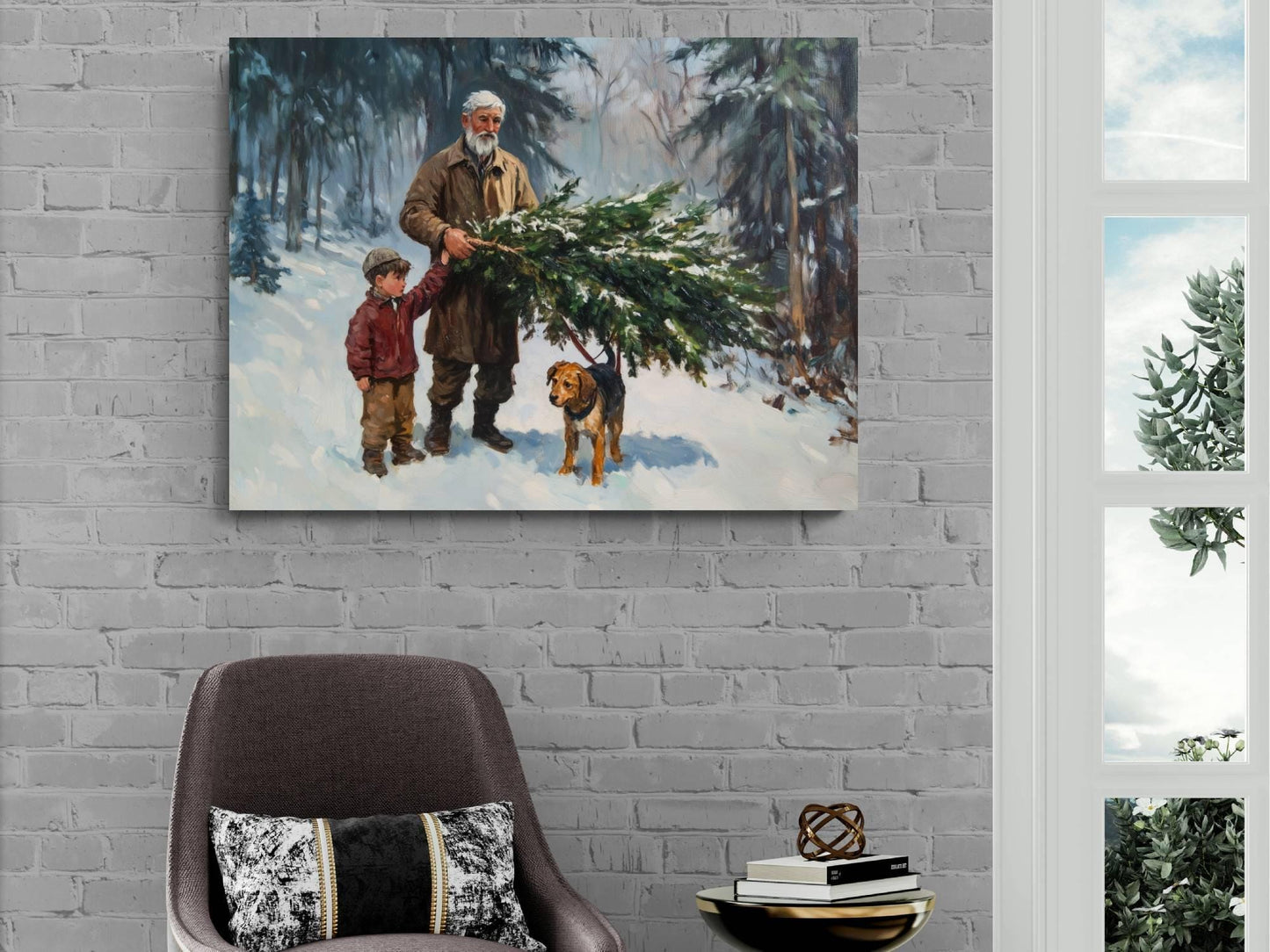 Christmas Tree Cutting Art Print | Grandfather Child Winter Forest | Holiday Tradition Wall Decor | Snowy Woods Family Scene | Xmas Tree