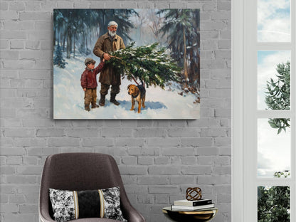 Christmas Tree Cutting Art Print | Grandfather Child Winter Forest | Holiday Tradition Wall Decor | Snowy Woods Family Scene | Xmas Tree