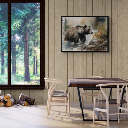 Grizzly Bear by Waterfall | Brown Bear Watercolor Forest Series | Canvas Print | Wildlife Art | Cabin Art | Archer Kincaid