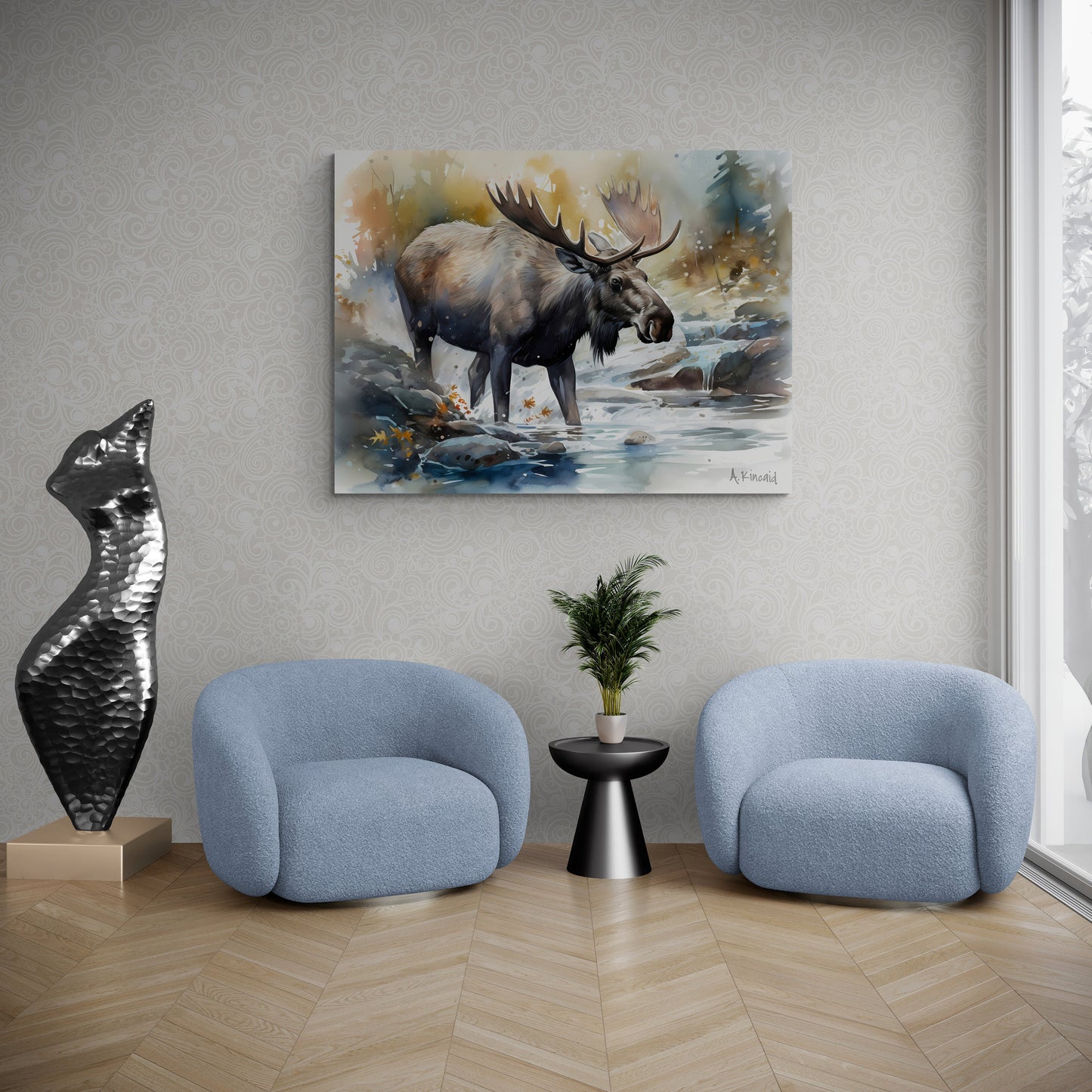 Moose in River #2 | Canvas Print | Wildlife Art | Cabin Art | Forest Art | Archer Kincaid | watercolor artful