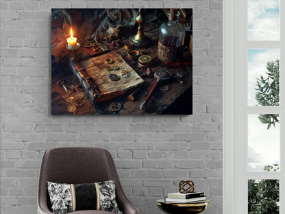 Pirate Personal Effects Canvas, Treasure Map Journal Print, Gold Coins Still Life Decor, Candlelit Maritime Belongings