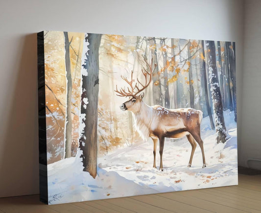 Winter Reindeer Forest Print | Snowy Woodland Stag Wall Art | Christmas Deer Nature Painting | Holiday Wildlife Scene | Rustic Animal Decor