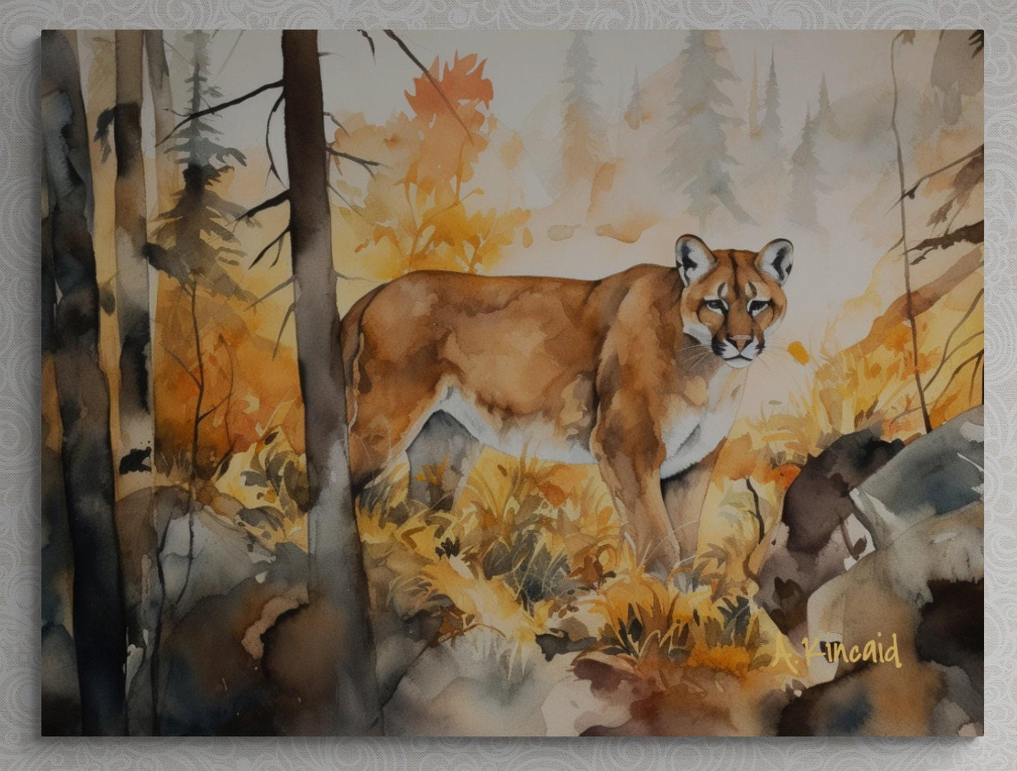 a painting of a mountain lion in a forest