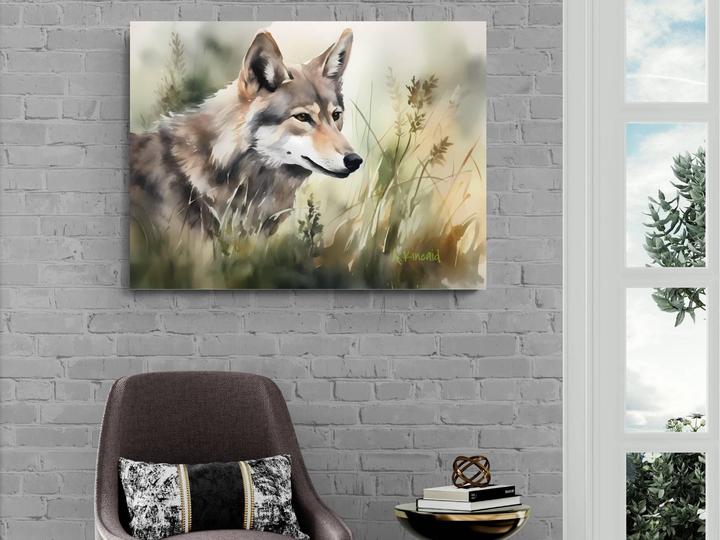 a painting of a wolf in a grassy field, hanging on a brick wall next to a window.