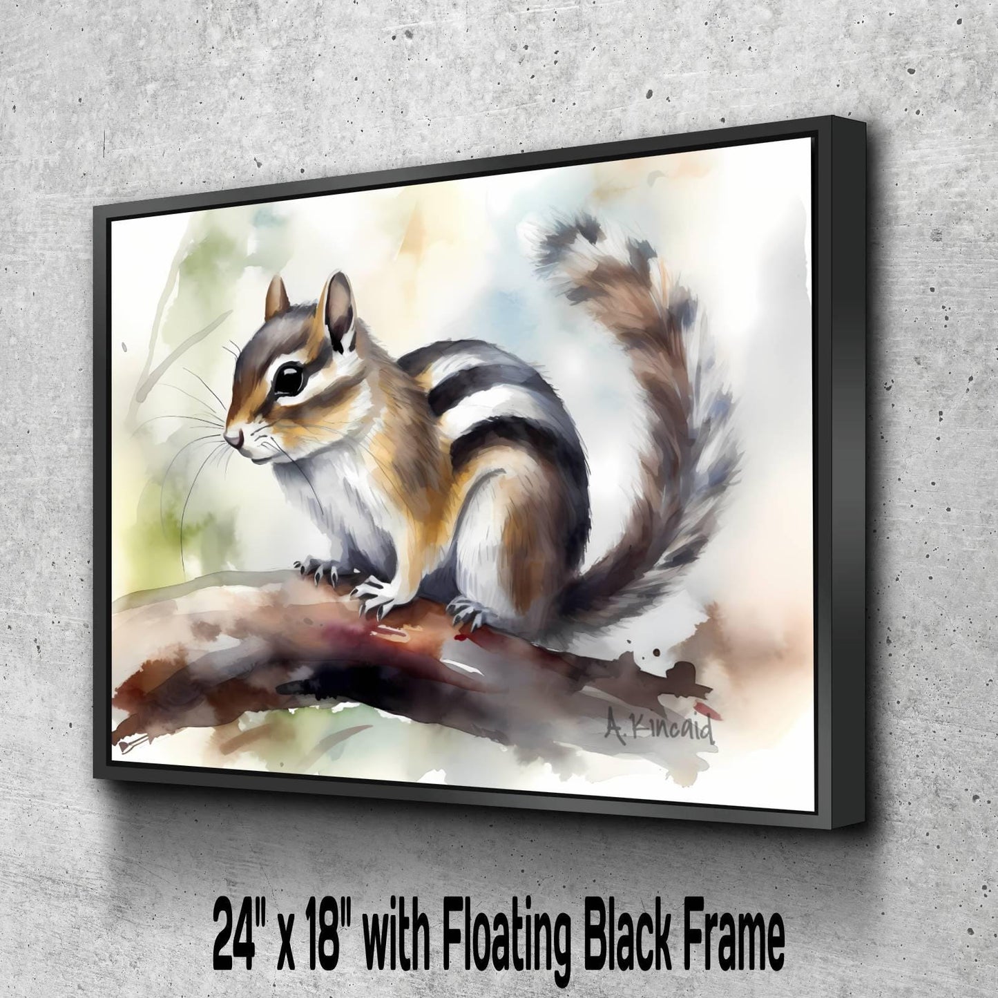 A painting of a squirrel perched on a branch, with a floating black frame.