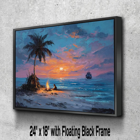 Pirate Castaway Island Canvas, Marooned Sailor Print, Deserted Beach Sunset Wall Decor, Signal Fire Oil Painting Style