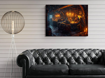 Pirate Tavern Interior Canvas, Rum Bar Scene Print, Nautical Pub Wall Decor, Golden Candlelight Maritime Painting, Seafarer Hideout
