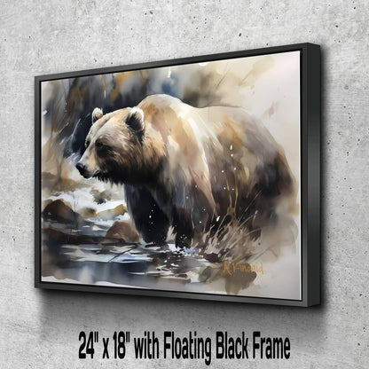 A painting of a bear in a river, with a floating black frame.
