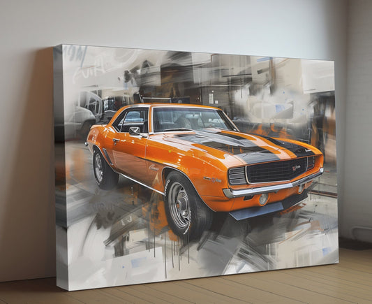 1969 Chevrolet Camaro Z/28 Canvas Print | Vintage Auto Wall Art Decor | Orange/Black SS/RS Retro Muscle Car | Car Lovers Poster Gift