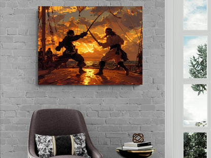 Pirate Sword Duel Canvas, Sunset Deck Battle Print, Swashbuckling Action Wall Decor, Golden Hour Maritime Combat Painting