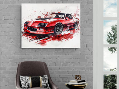 1987 Chevrolet Camaro IROC Z28  Red Canvas Print | Vintage Auto Wall Art Decor | Retro Muscle Car | Car Lovers Poster Gift