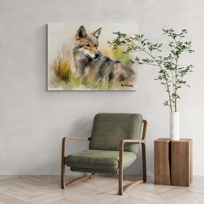 Wolf In Grass Looking Back | Canvas Print | Wildlife Art | Cabin Art | Forest Art | Archer Kincaid