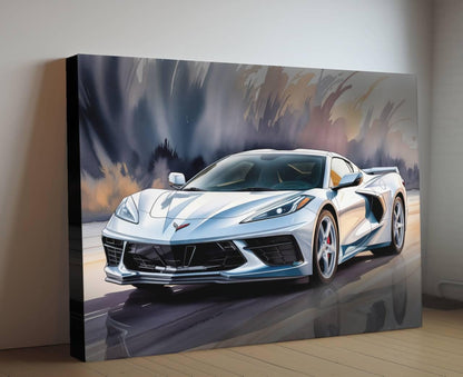 2025 C8 Corvette White #2 Canvas Wall Decor | Chevrolet Sports Car Print | Modern Auto Poster | Car Lover Gift | C8 Vette Car Gift for Man