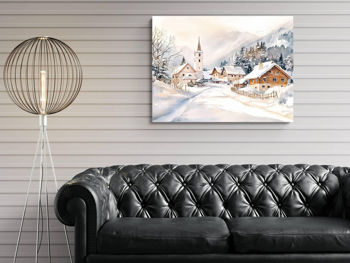 Alpine Winter Village Print | Snowy Mountain Church Wall Art |European Cottage Landscape | Christmas Watercolor Painting | Rustic Snow Scene