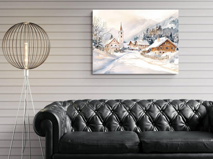 Alpine Winter Village Print | Snowy Mountain Church Wall Art |European Cottage Landscape | Christmas Watercolor Painting | Rustic Snow Scene