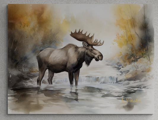 a painting of a moose standing in a stream
