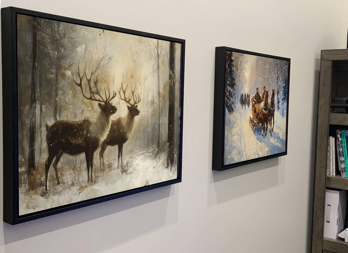 Winter Reindeer Art Print | Rustic Woodland Animals Wall Decor | Snowy Forest Nature Painting | Farmhouse Home | Stag Antler Wildlife