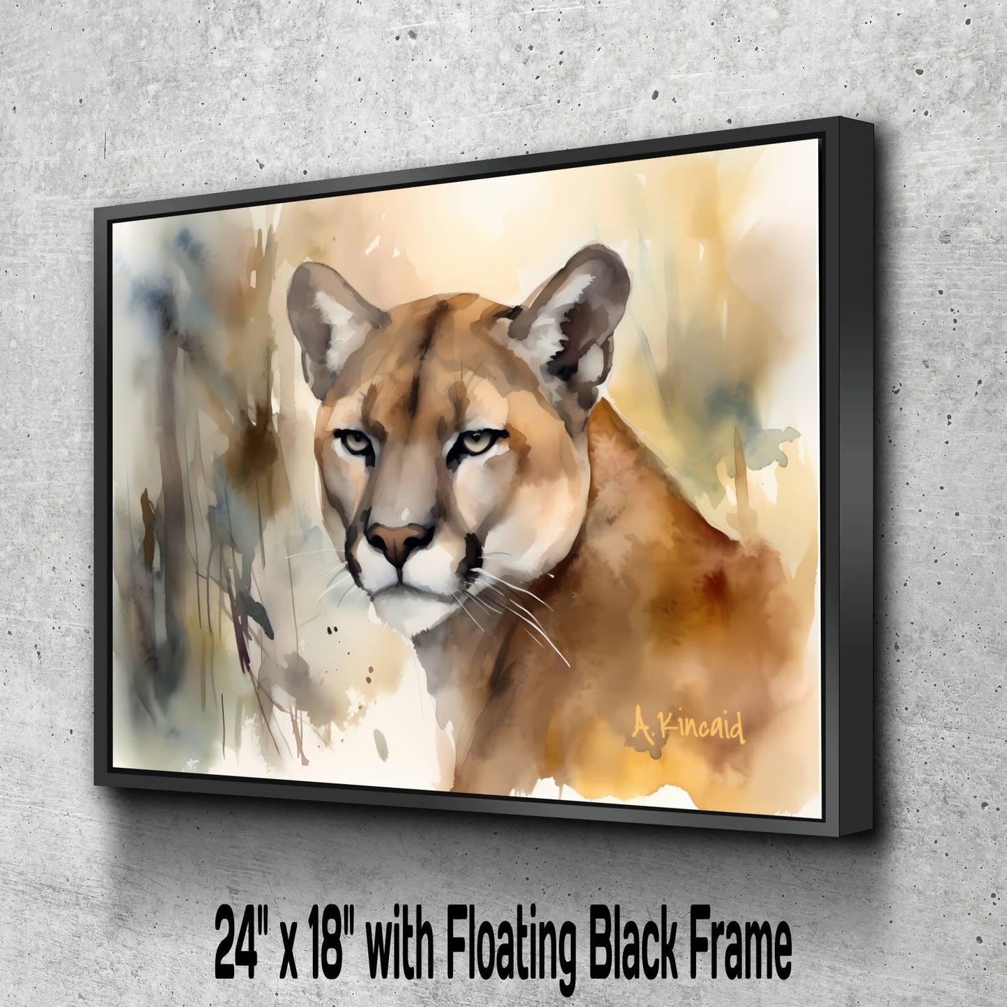 A digital painting of a cougar, a large mountain cat, with a floating black frame.