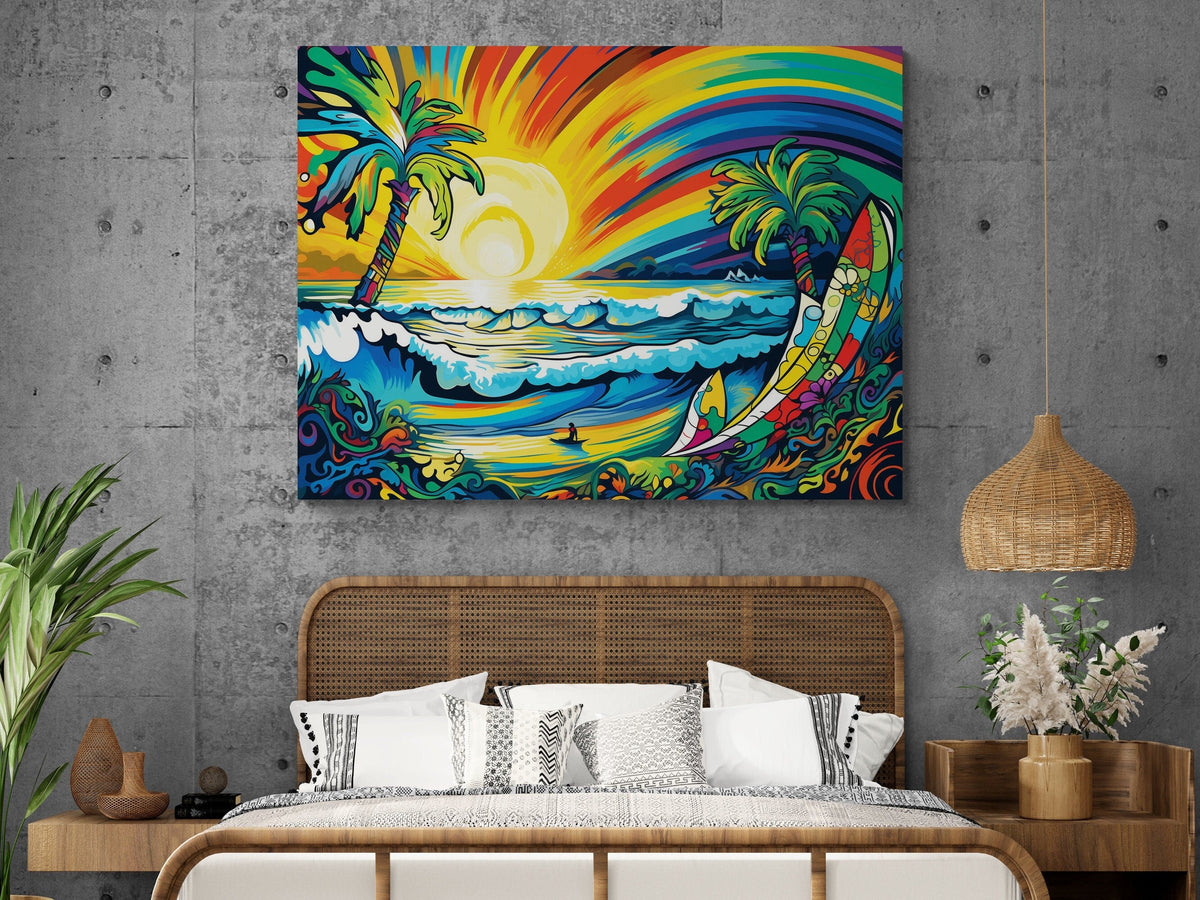 Radiant Waves Canvas Print | Lively Tropical Beach and Surfboards Art | Bohemian Decor - 02
