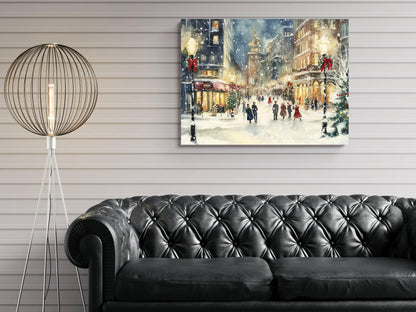 Victorian Christmas Village Print | Snowy Town Square Wall Art | Holiday Watercolor Painting | Festive Winter Scene | Vintage Xmas Decor