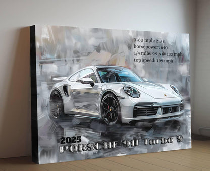 2025 Porsche 911 Turbo S Sports Car Canvas Print with Text | Modern Auto Wall Art Decor | Car Lovers Poster Gift | Legendary Supercar