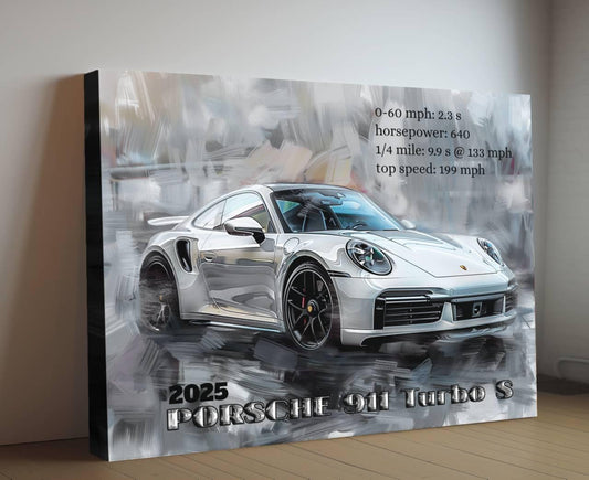 2025 Porsche 911 Turbo S Sports Car Canvas Print with Text | Modern Auto Wall Art Decor | Car Lovers Poster Gift | Legendary Supercar