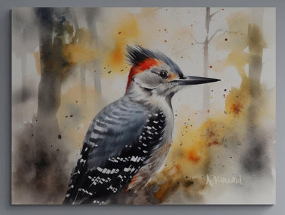 a watercolor painting of a red - bellied woodpecker