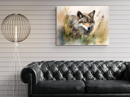 a large painting of a wolf on the wall, with a black leather couch in the foreground.
