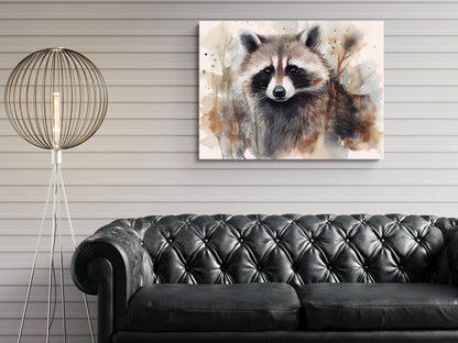 a black leather couch in a living room setting, with a painting of a raccoon hanging on the wall above it.