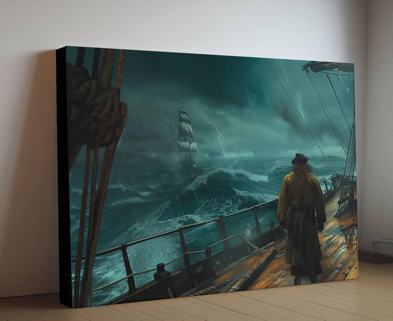 Pirate Captain Storm Deck Canvas, Lightning Ocean Print, Ship Battle Watch Wall Decor, Dramatic Maritime Tempest Painting