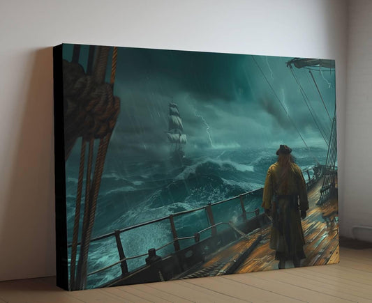 Pirate Captain Storm Deck Canvas, Lightning Ocean Print, Ship Battle Watch Wall Decor, Dramatic Maritime Tempest Painting