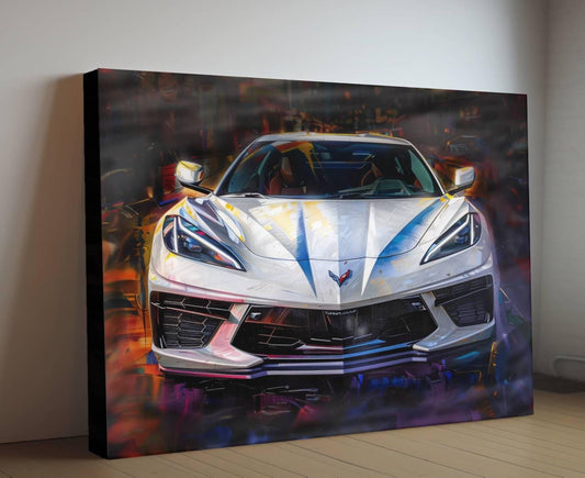 2025 C8 Corvette White Front View Canvas Wall Art | Chevrolet Sportscar Print | Modern Auto Poster | Car Lover Gift | C8 Vette Car Lover