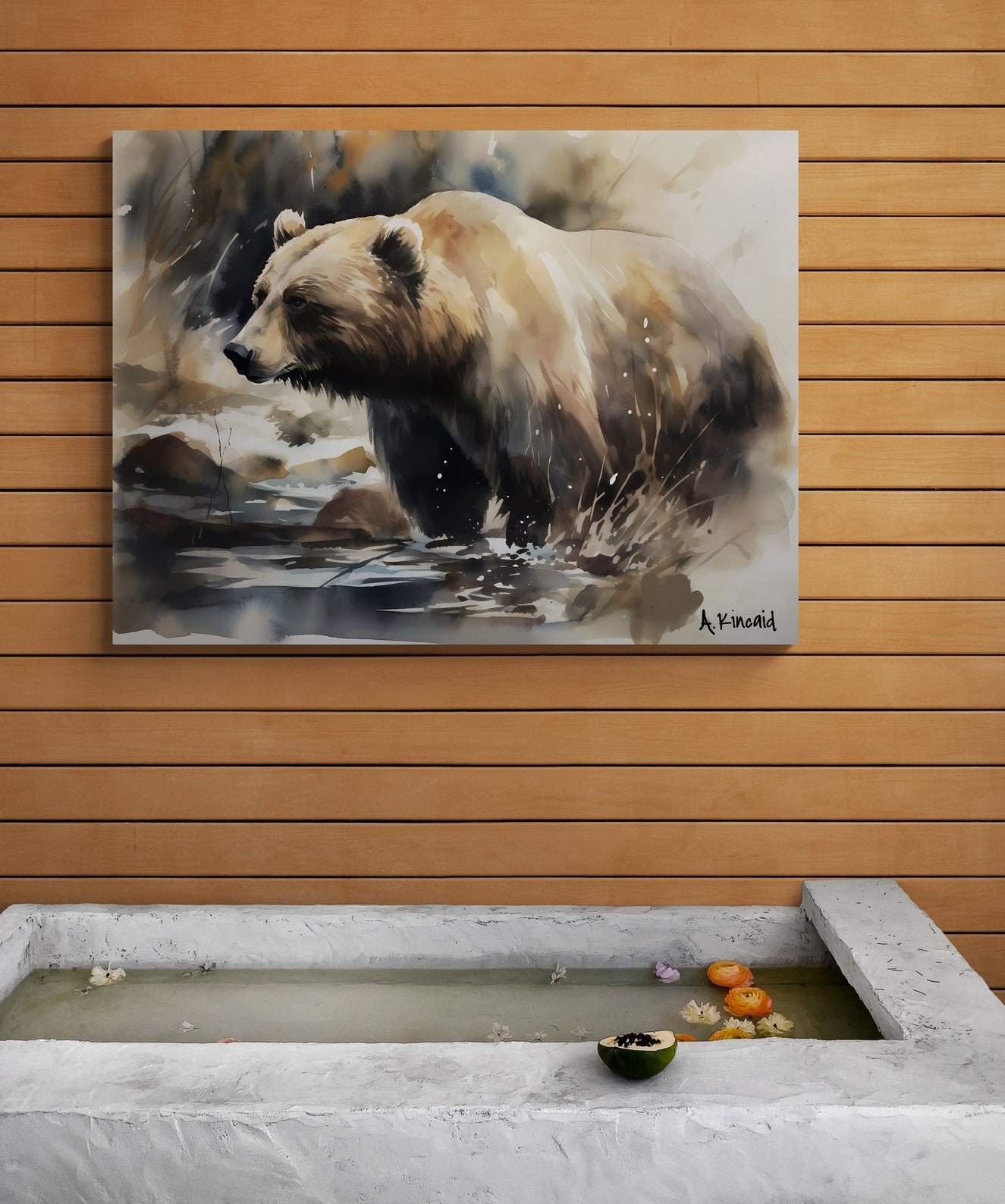 Grizzly Bear in Serene Stream | Brown Bear Watercolor Forest Series | Canvas Print | Wildlife Art | Cabin Art | Archer Kincaid