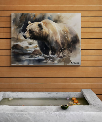 Grizzly Bear in Serene Stream | Brown Bear Watercolor Forest Series | Canvas Print | Wildlife Art | Cabin Art | Archer Kincaid