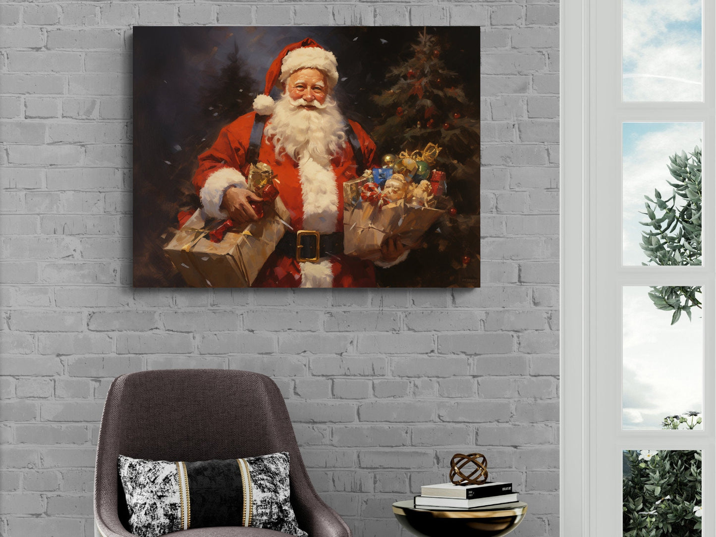 Jolly Saint Nick With Gifts Canvas Print, Festive Holiday Decor, Traditional Santa Art, Christmas Present Wall Art, Home Accent, Unique Xmas