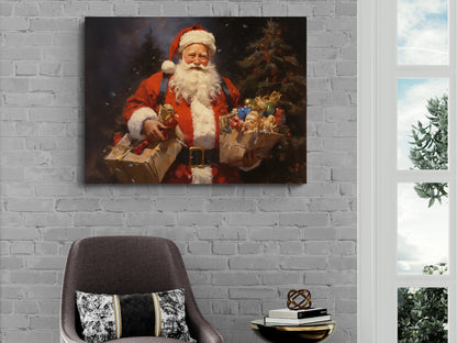 Jolly Saint Nick With Gifts Canvas Print, Festive Holiday Decor, Traditional Santa Art, Christmas Present Wall Art, Home Accent, Unique Xmas