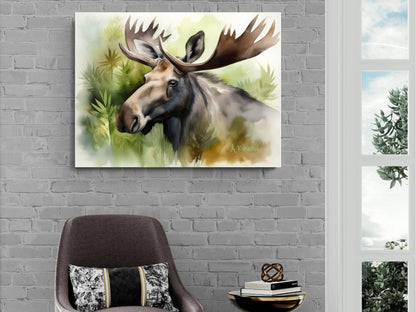 a large painting of a moose hanging on a brick wall, with a brown chair and a small table with a book and a decorative item in front of it.