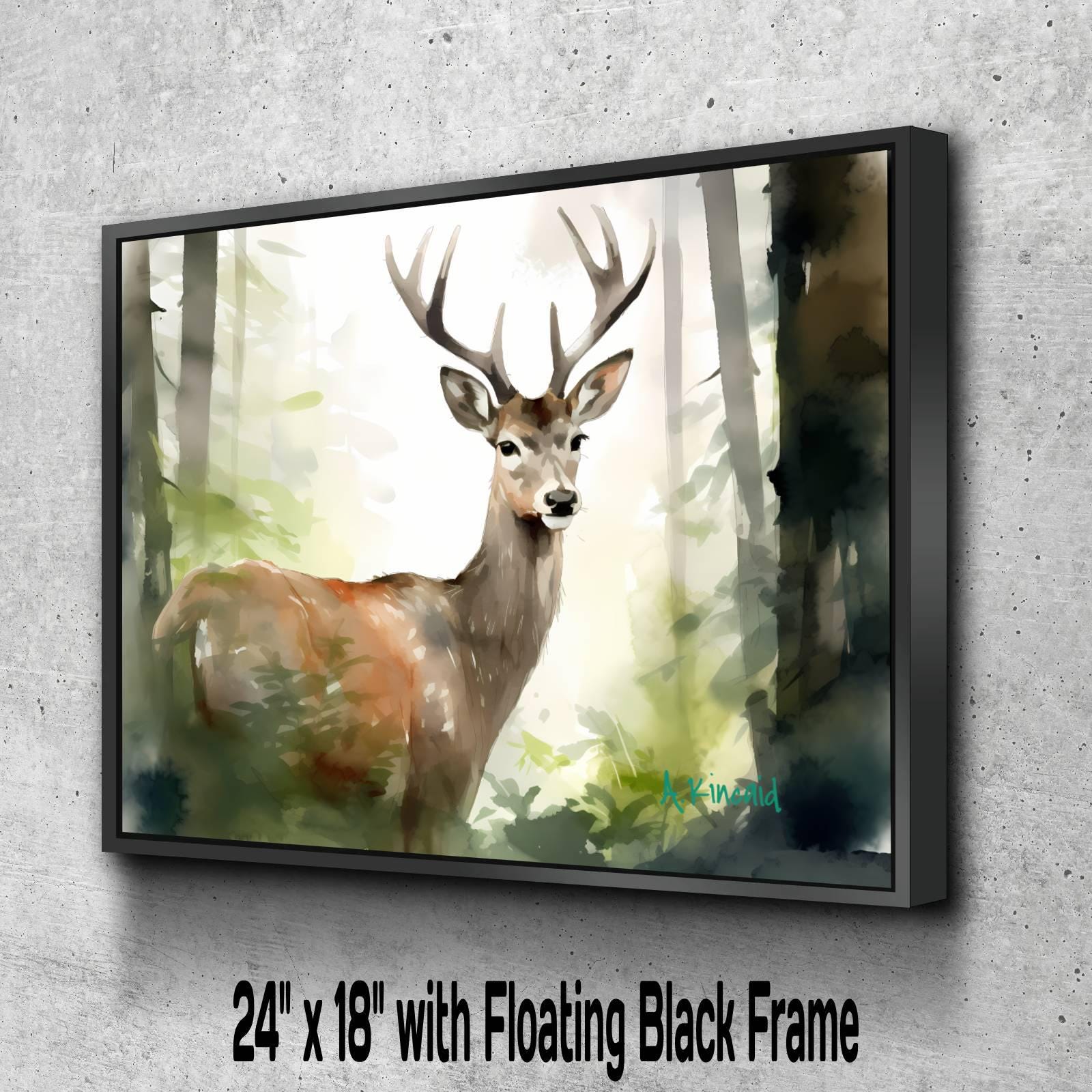 A deer standing in a forest with a floating black frame.