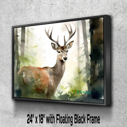 A deer standing in a forest with a floating black frame.